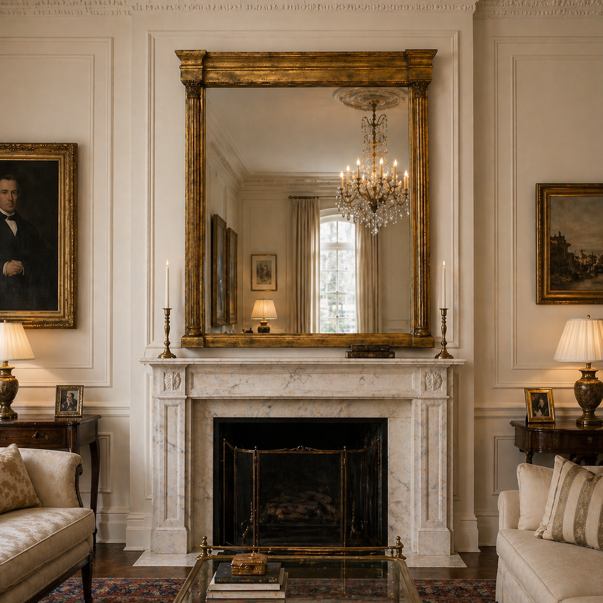 Oversized Wooden Gilt Column Mirror 150 x 150 cm in elegant living room