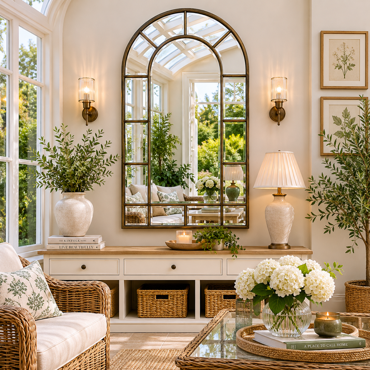 Dark gold metal framed window mirror in a conservatory setting with lamp and wall lighting. 