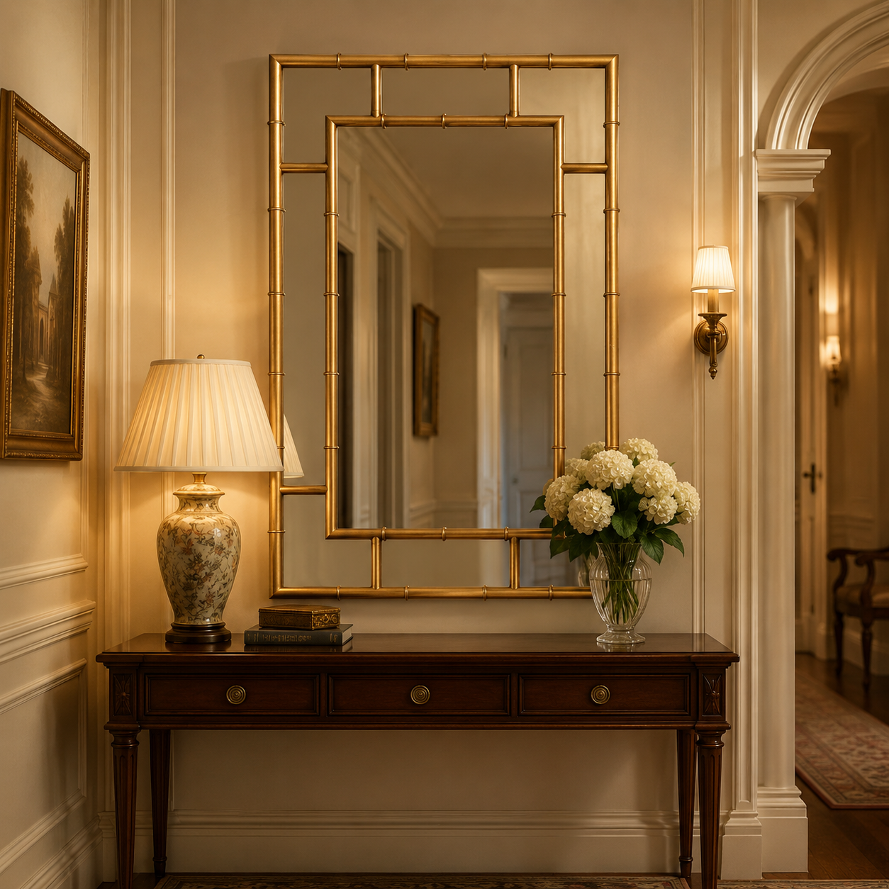 Gilt, 'bamboo' framed paneled mirror over a classic console table in a traditional hall with lamp, flowers and wall light.