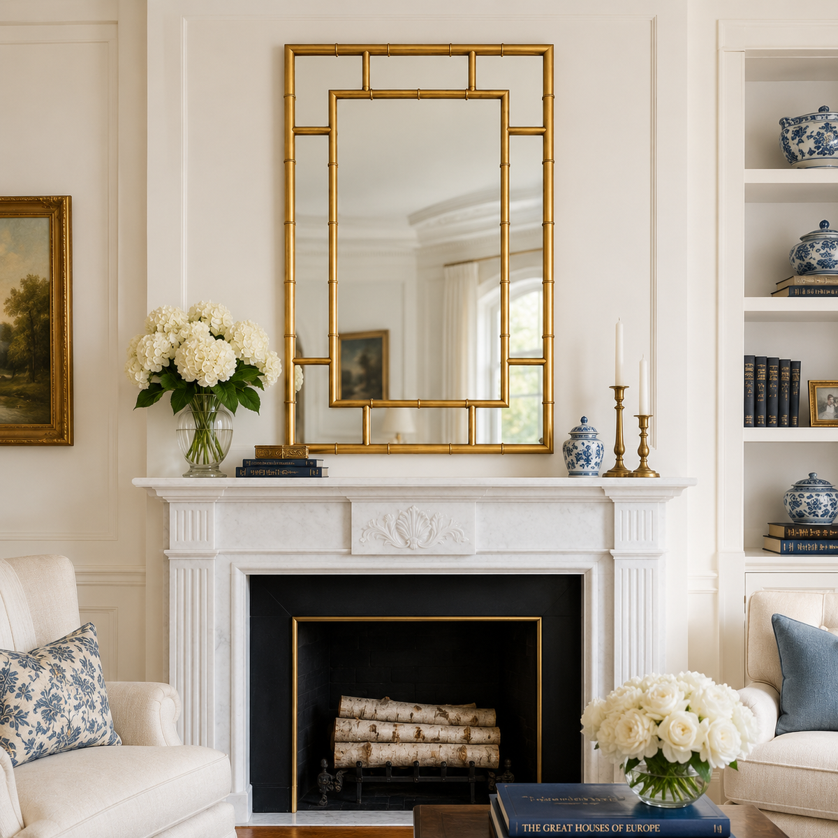 The gilt, faux bamboo styled metal frame on this mirror, highlights the marble fireplace, cream sofas and blue and white ceramics in this classic sitting room.