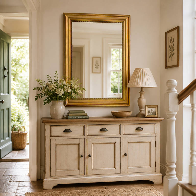 Gold framed, beaded edge wall mirror, classic style in a country cottage setting over a painted dresser near a staircase.