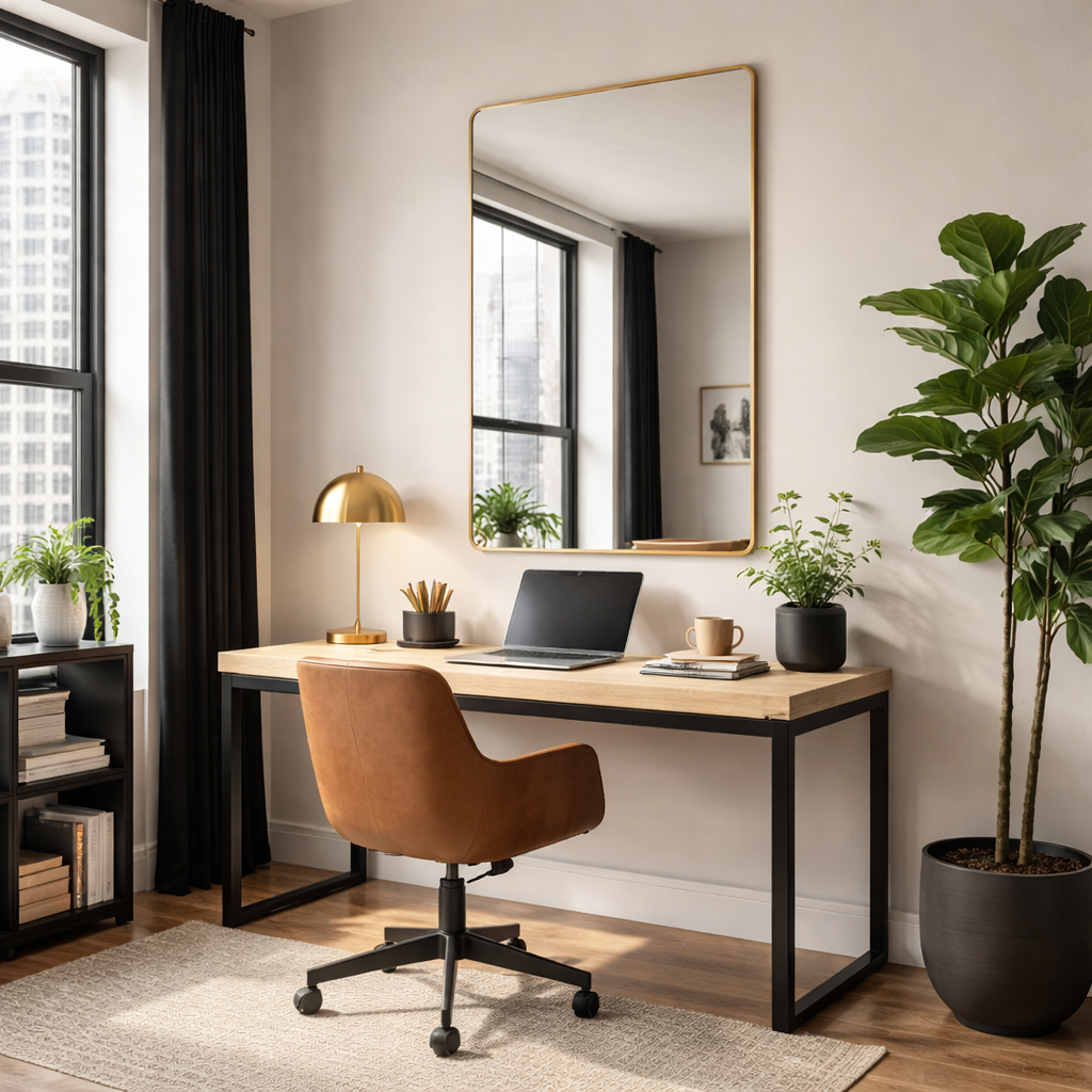 Modern home office with a desk, chair, and decorative elements.