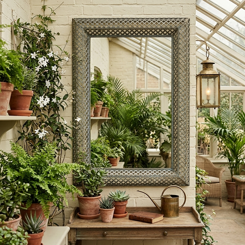 Decorative Moroccan style pierced mirror in a conservatory setting.