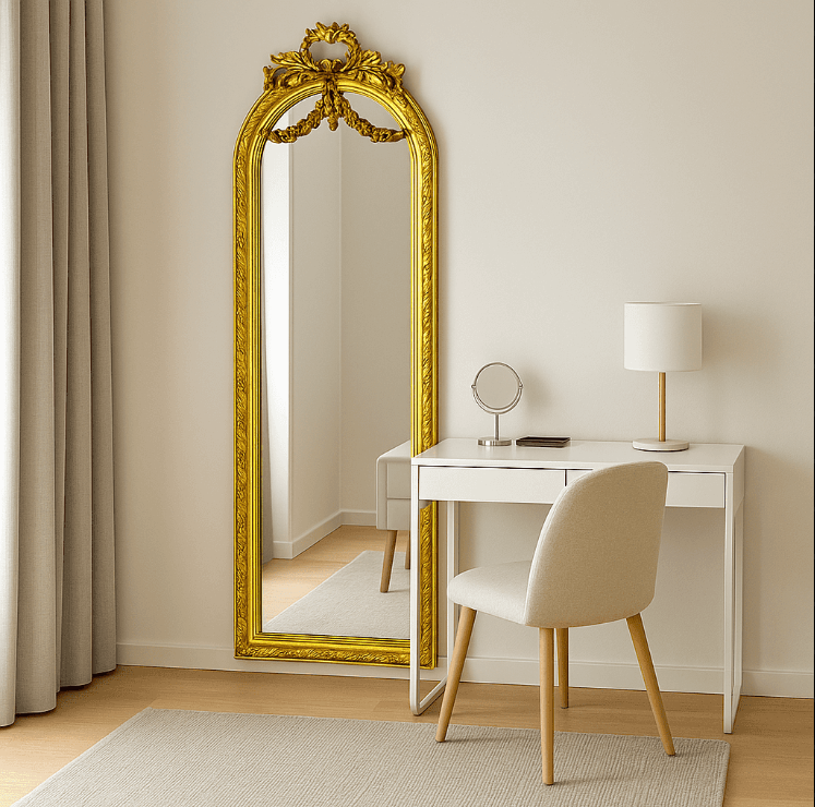 Decorative gold-framed mirror in a room with a white desk and chair.