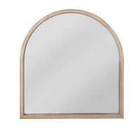 Pale wooden coloured arched mirror, tall and wide, A great overmantle mirror. The unusual wooden frame has a Scandi feel and would suit a hall, over a wooden console. In a living space or kitchen the size of this mirror would accentuate the light in any space