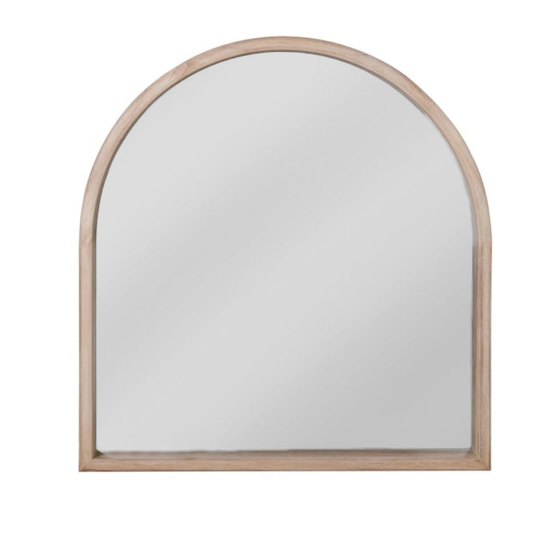 Pale wooden coloured arched mirror, tall and wide, A great overmantle mirror. The unusual wooden frame has a Scandi feel and would suit a hall, over a wooden console. In a living space or kitchen the size of this mirror would accentuate the light in any space