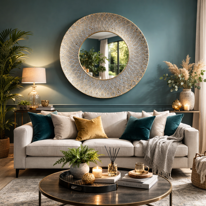 Moroccan mirror on wall in a teal coloured room over a sofa with a coffee table and accessories. 