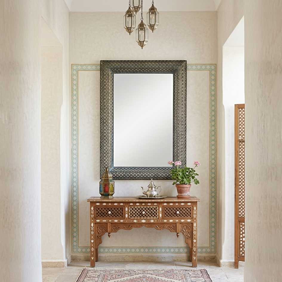 Moroccan style decorative mirror in a hallway, decorated in a Moroccan style.