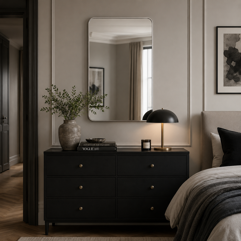 Modern bedroom with black drawers, industrial lighting and neutral walls.