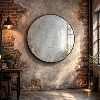 Aged glass, circular mirror hanging in an urban, loft style setting with open pipework on brick and plastered wall. Perfect urban style mirror in a home office, kitchen or living room.