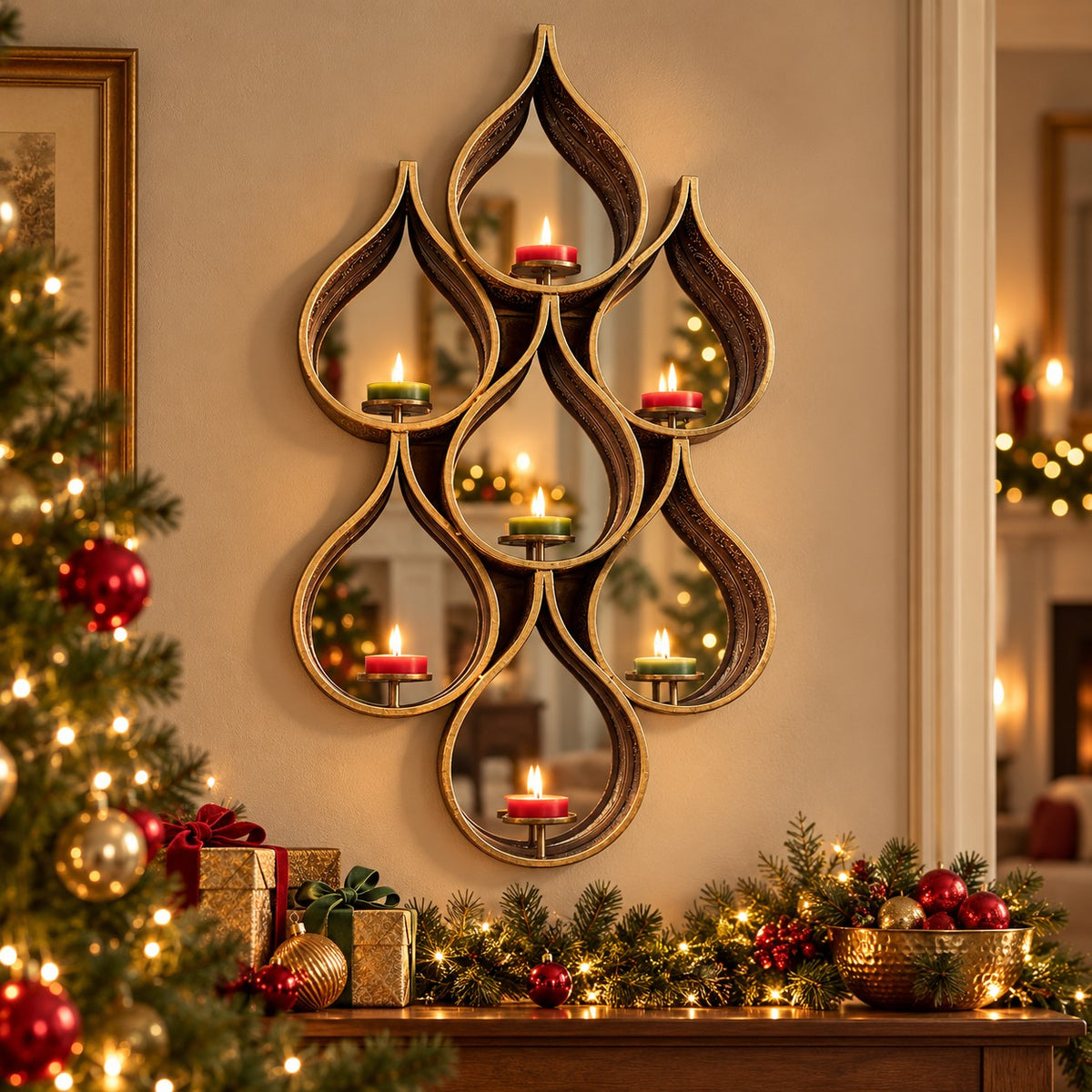 A decorative wall-mounted shelving piece with five teardrop-shaped compartments holding lit tealight candles, styled in a warm holiday room beside a decorated Christmas tree and mantel.