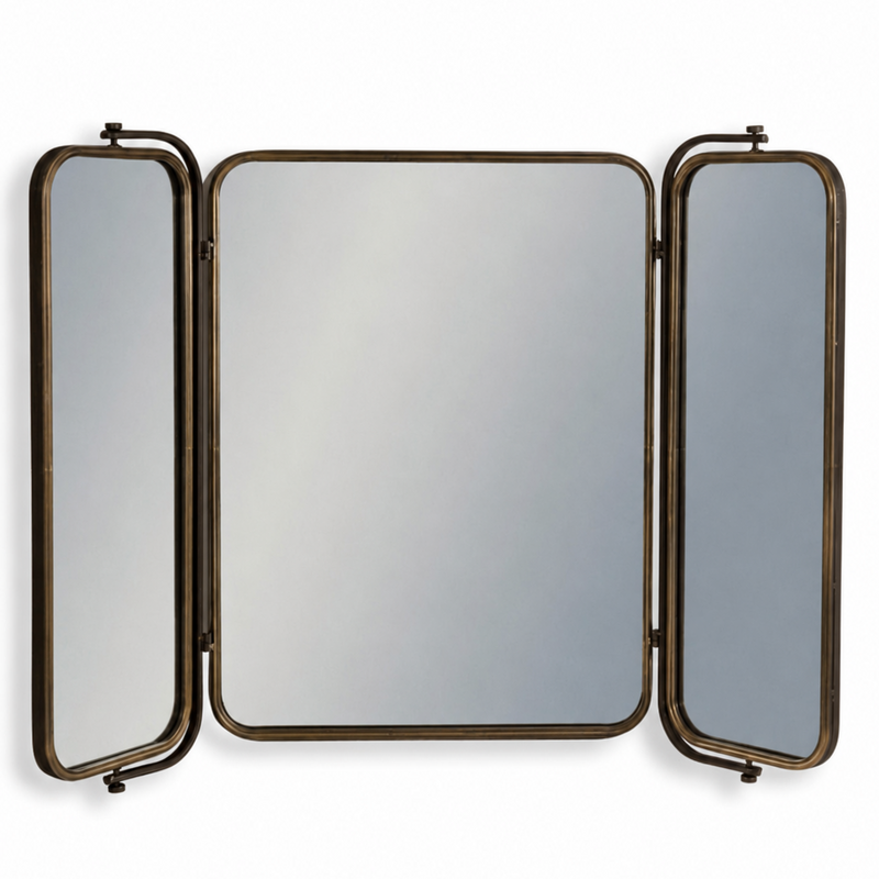 Bronze trifold wall mirror with adjustable panels for home decor