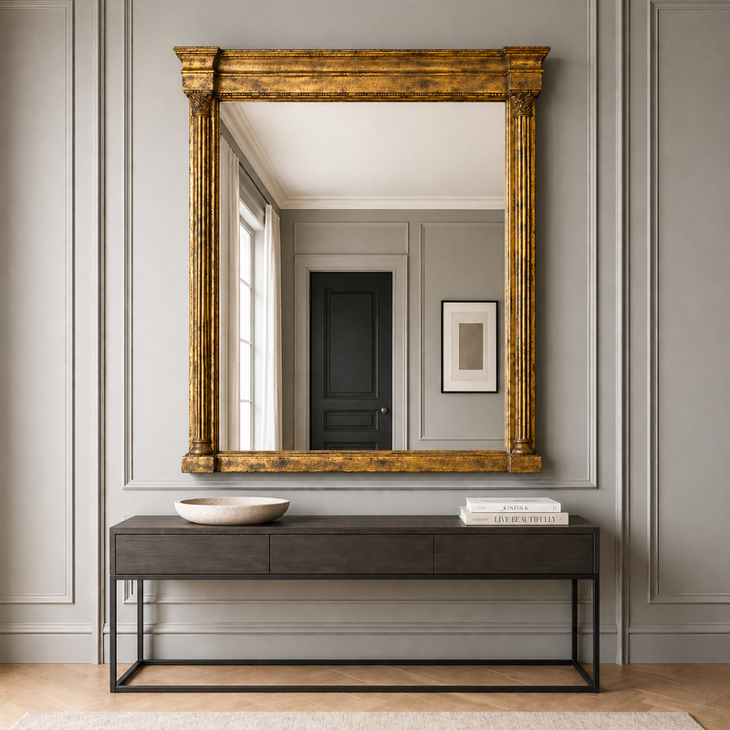 Oversized column mirror over a low console table in a classic hall setting.