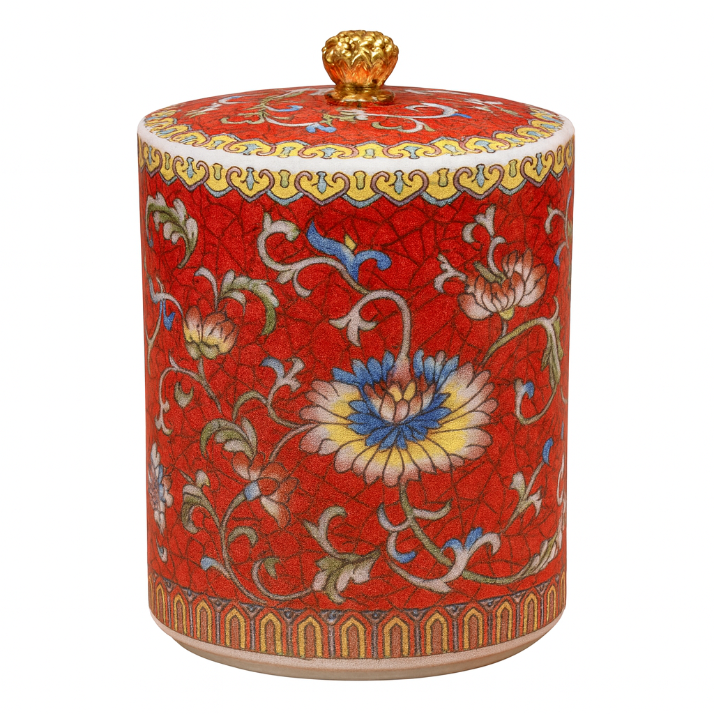 Handcrafted red ceramic scented candle jar with floral design and gold detailing, scented with Mission Fig and Jasmine.