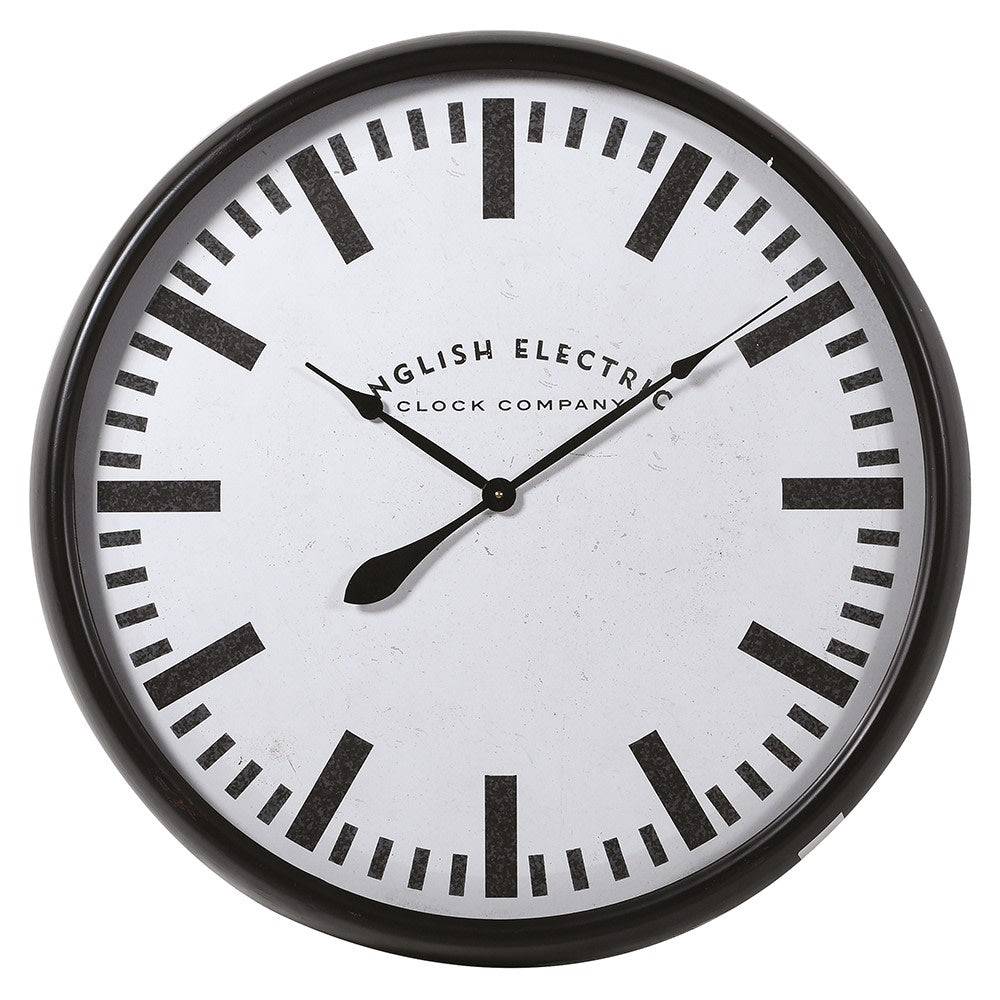 Round wall clock with black frame and white face on a neutral background.