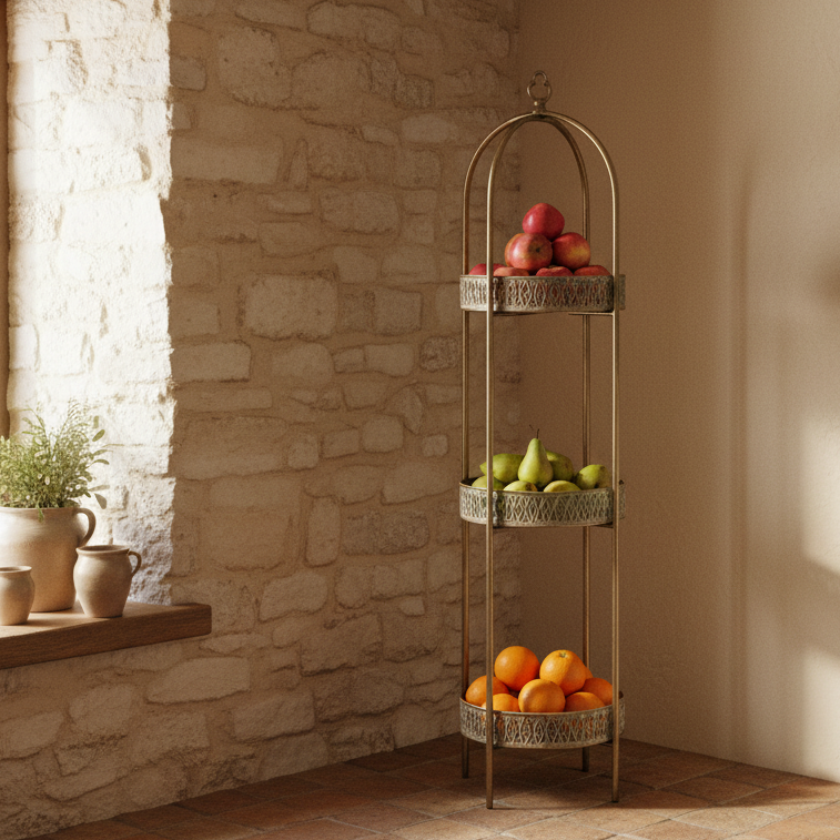 A unique and very pretty shelf unit with pierced metal detailing around the shelves which can be lifted out and also used as trays. Finished in a rustic antique gold colour, this metal unit has three shelves encased in an outer frame that can fold flat