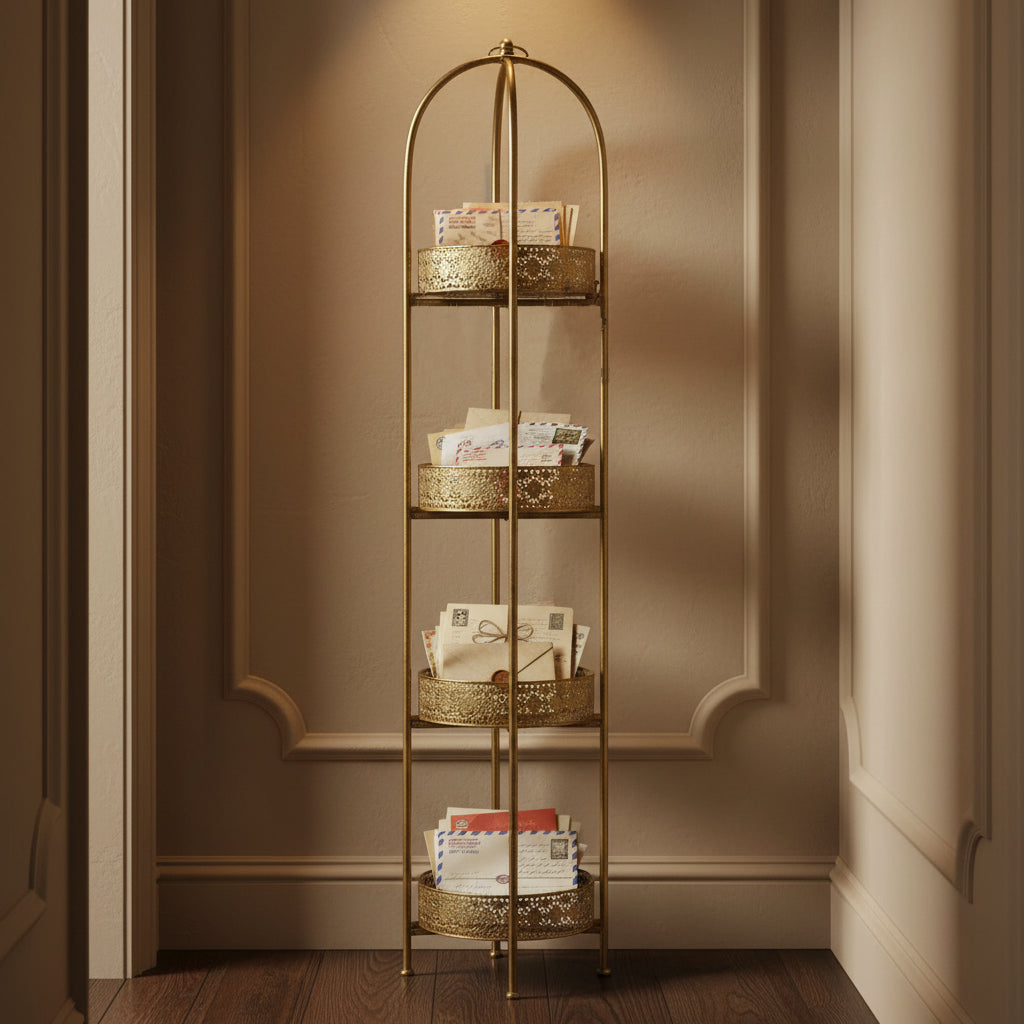 A unique and very pretty shelf unit with pierced metal detailing around shelves that can be lifted out and also used as trays. Finished in a rustic antique gold, this furniture piece has Moroccan vibes with five shelves encased in an outer frame that can fold flat.