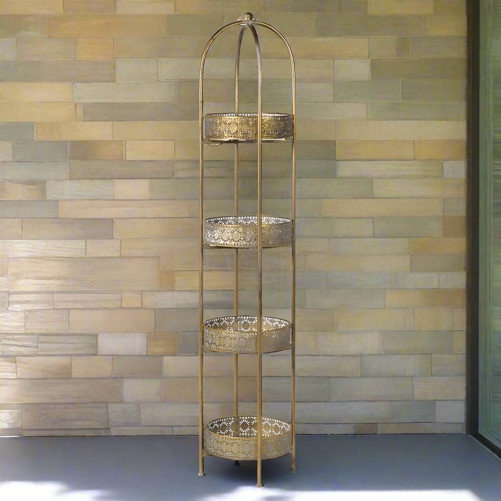 A unique and very pretty shelf unit with pierced metal detailing around shelves that can be lifted out and also used as trays. 