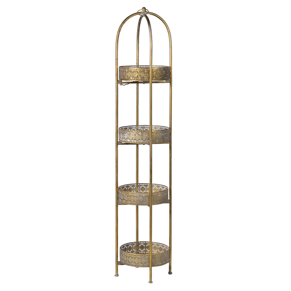 A unique and very pretty shelf unit with pierced metal detailing around shelves that can be lifted out and also used as trays. 