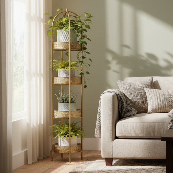 A unique and very pretty shelf unit with pierced metal detailing around shelves that can be lifted out and also used as trays. 
