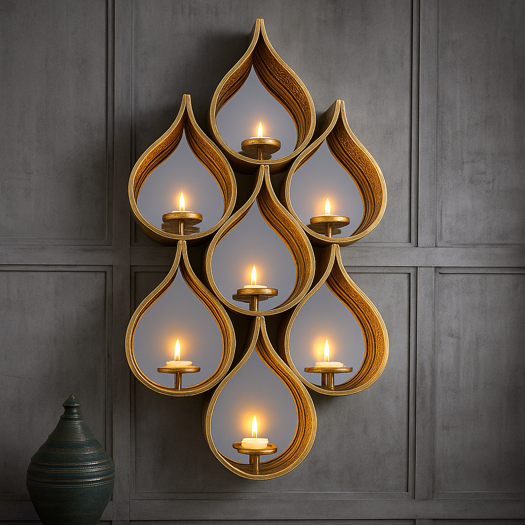 Tall teardrop-shaped mirror with pierced Moroccan-style metal frame and candleholders