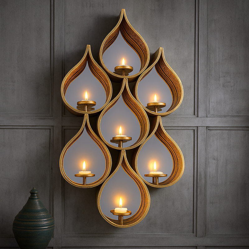 Tall teardrop-shaped mirror with pierced Moroccan-style metal frame and candleholders