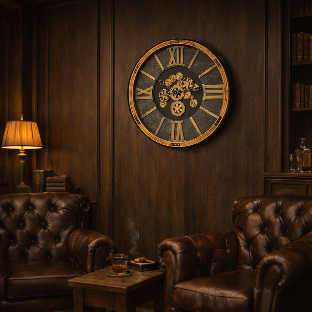 Moving cog clock in a gentlemen's club setting with leather furniture. 