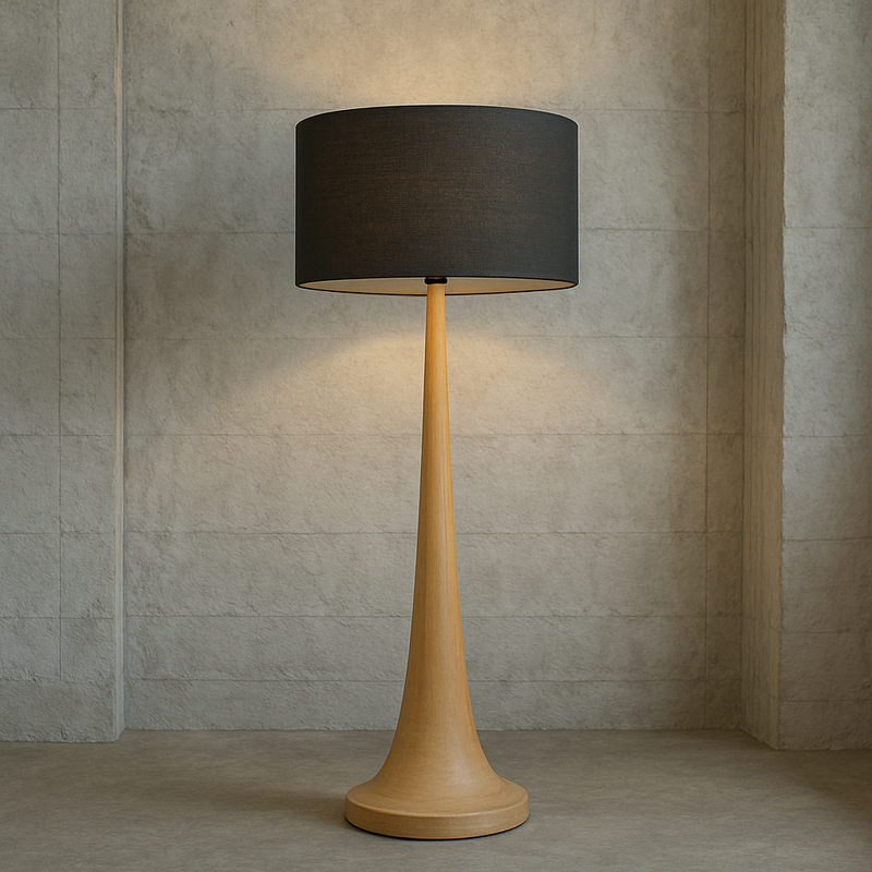 Tall natural wooden floor lamp base with a smooth tapered shape and light wood finish.