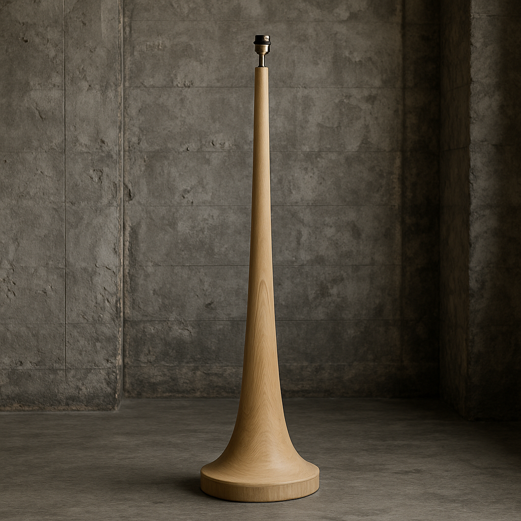 Tall natural wooden floor lamp base with a smooth tapered shape and light wood finish.