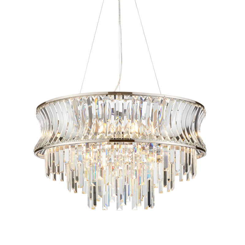 Crystal Prism Drop Chandelier with waisted shape and nickel frame, featuring cascading crystal prisms for elegant home lighting décor.