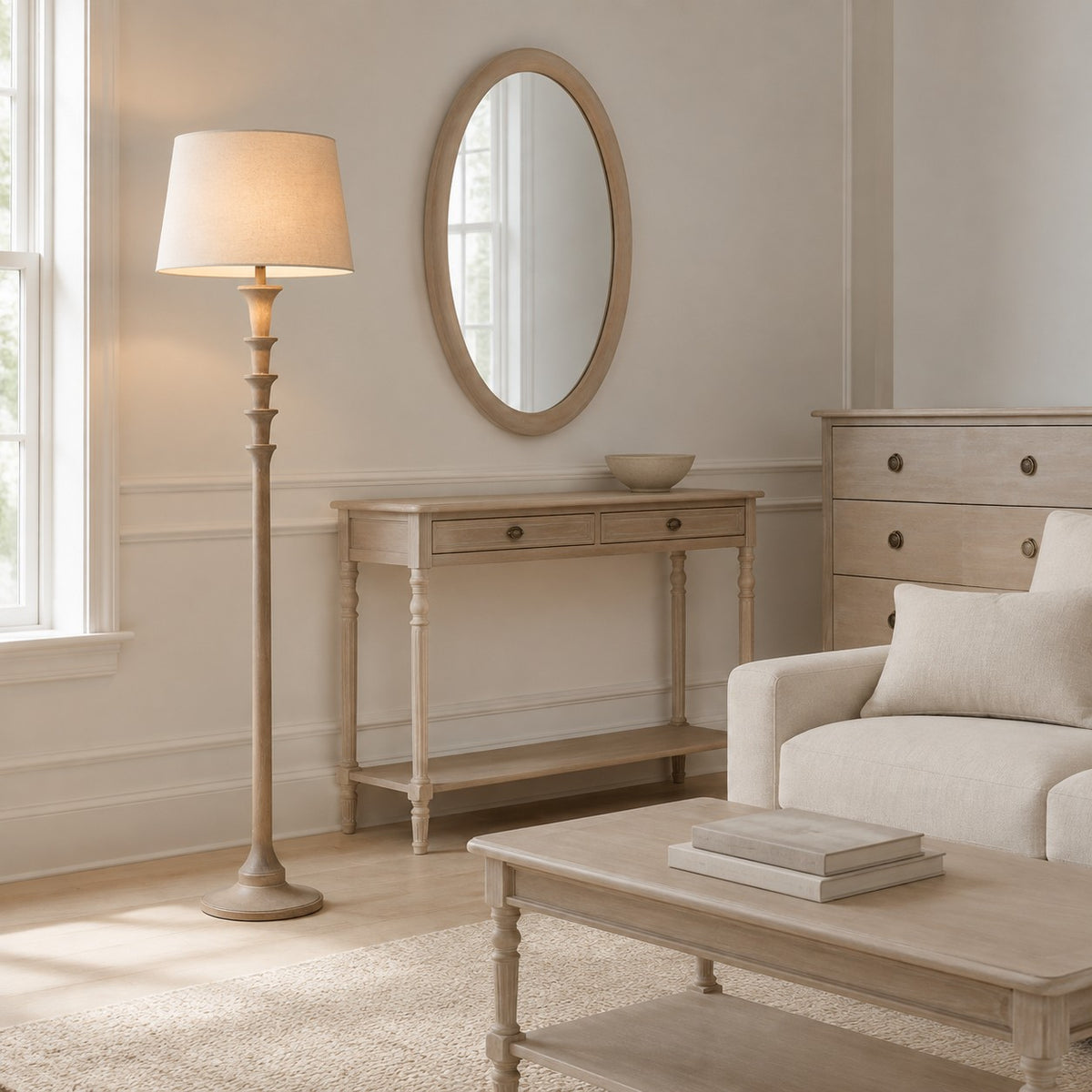 A styled living room featuring a light beige/cream console table, a matching floor lamp, a round wood-framed mirror, and a light-colored armchair.