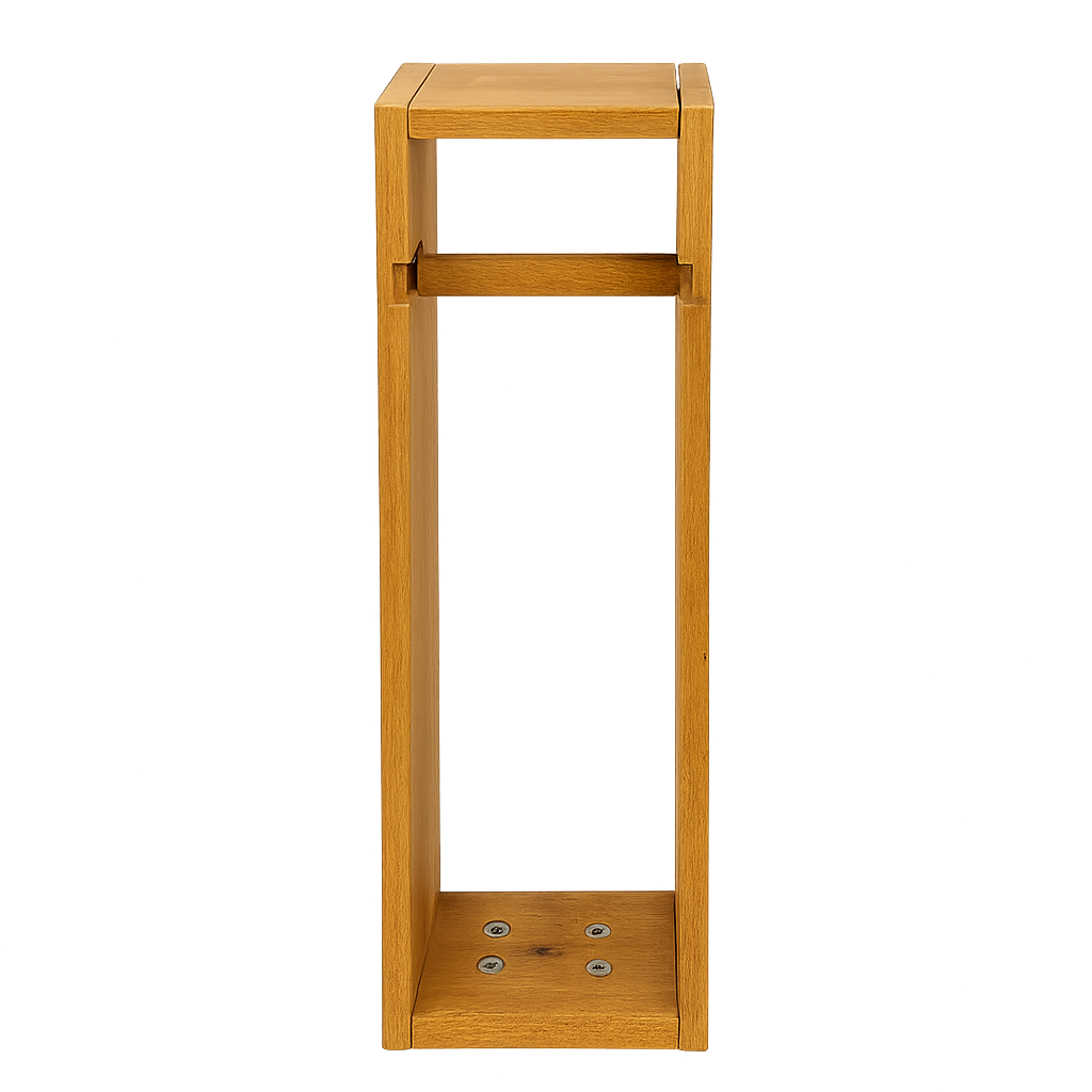 Wooden pedestal with a square top and rectangular base on a white background