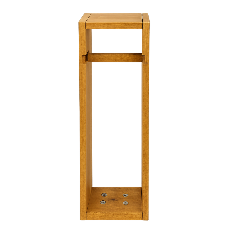 Wooden pedestal with a square top and rectangular base on a white background