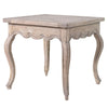 Pale acacia wood side table with vintage style curved legs, curved frieze edge and a parquet top. An unusually decorative table, in a pale colour with vintage flourishes.

W: 56 cm D: 56 cm H: 54 cm