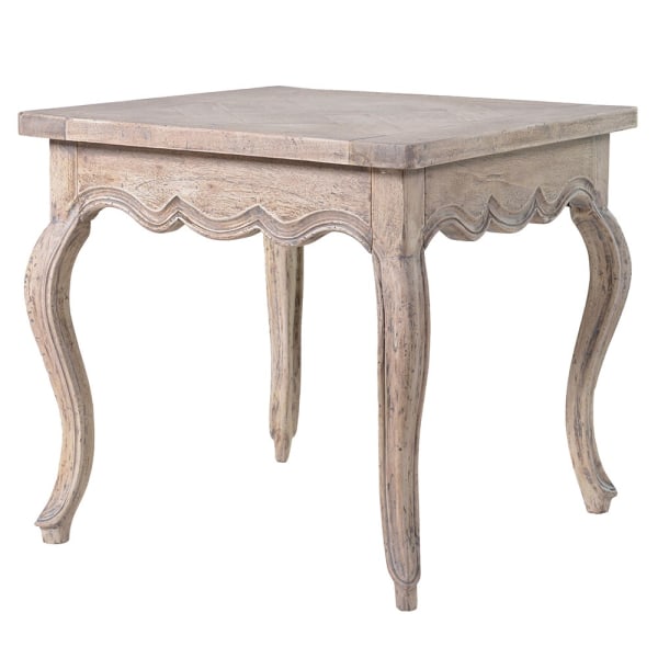 Pale acacia wood side table with vintage style curved legs, curved frieze edge and a parquet top. An unusually decorative table, in a pale colour with vintage flourishes.

W: 56 cm D: 56 cm H: 54 cm