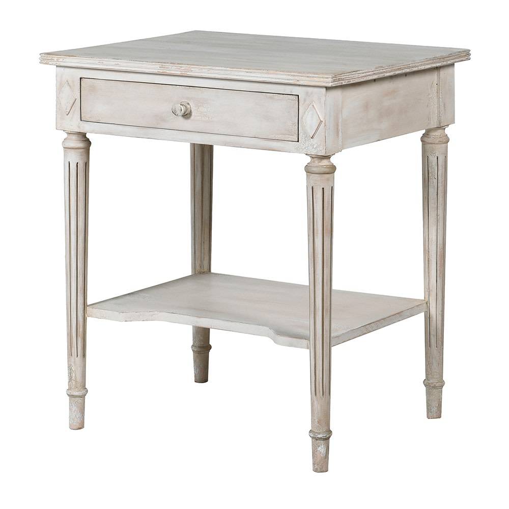 Off white classic one drawer bedside with lower shelf and reeded legs. This is a timeless table crafted individually to the highest quality and the perfect off white, pale grey washed colour that will suit so many interiors. Functional with a drawer and lower curved shelf.
