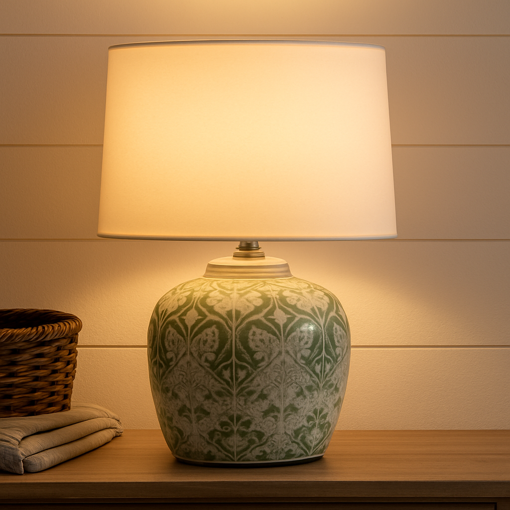 Decorative lamp with a patterned base on a wooden surface against a wooden panel background