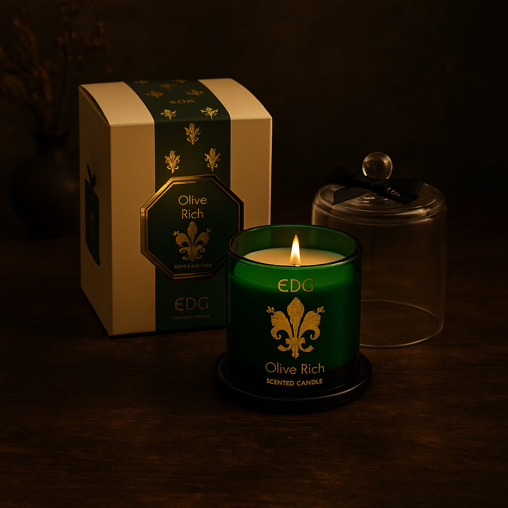 Olive Rich luxury scented candle in green glass with gold detailing and a clear cloche, presented with a matching gift box.