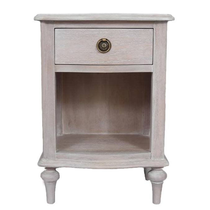 Bedside table with rustic limewashed finish. Perfect size for either side of a bed, to give a balanced  appearance. It has one drawer and a lower open storage shelf.