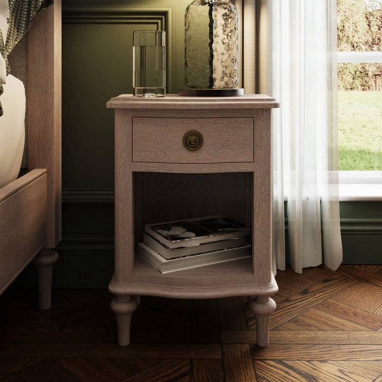 Bedside table with rustic limewashed finish. Perfect size for either side of a bed, to give a balanced  appearance. It has one drawer and a lower open storage shelf.