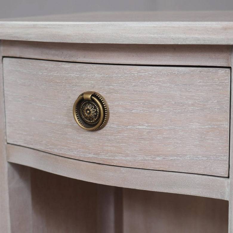 Bedside table with rustic limewashed finish. Perfect size for either side of a bed, to give a balanced  appearance. It has one drawer and a lower open storage shelf.