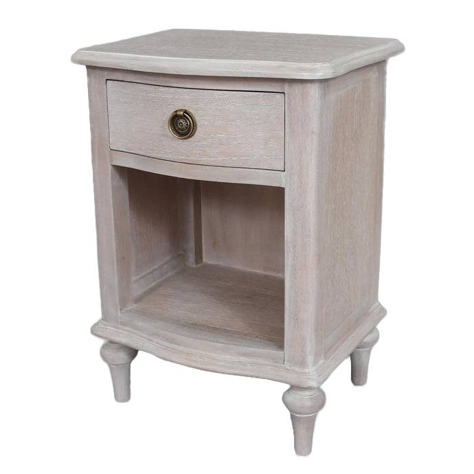 Bedside table with rustic limewashed finish. Perfect size for either side of a bed, to give a balanced  appearance. It has one drawer and a lower open storage shelf.