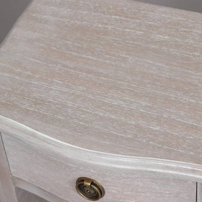 Bedside table with rustic limewashed finish. Perfect size for either side of a bed, to give a balanced  appearance. It has one drawer and a lower open storage shelf.