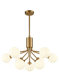 Opaque globe 9 ball chandelier with brushed brass arms and opal glass shades hanging from an adjustable rod