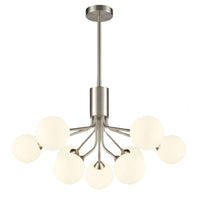Nine light opaque glass globe ceiling light in satin nickel finish with mid century design