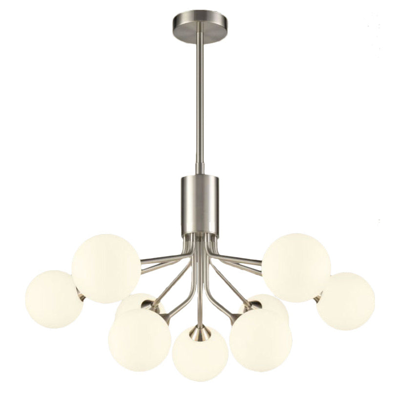 Nine light opaque glass globe ceiling light in satin nickel finish with mid century design