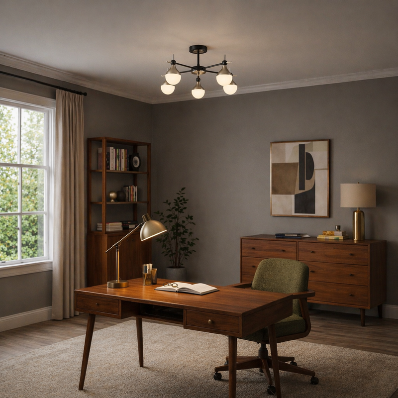 Home office with wooden desk, chair, bookshelf, and lamp.