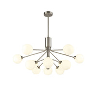 Satin nickel nine globe chandelier with opaque glass shades and adjustable rod suspension