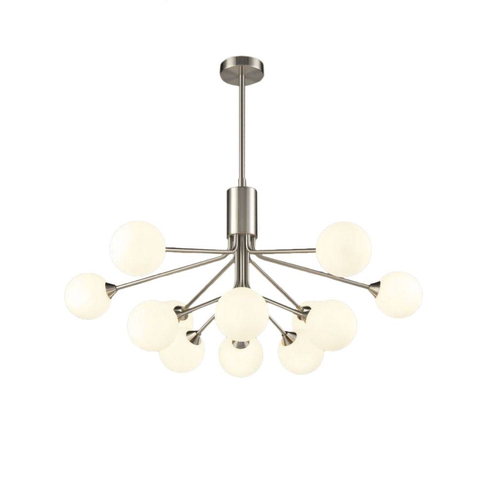 Satin nickel nine globe chandelier with opaque glass shades and adjustable rod suspension