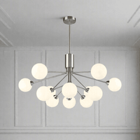 Satin nickel nine globe chandelier with opaque glass shades and adjustable rod suspension
